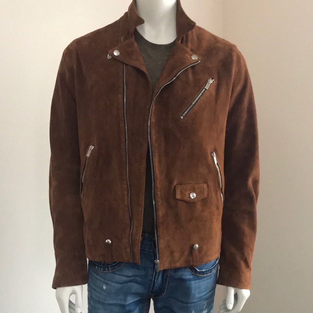 Camel Suede Jacket with a biker collar.